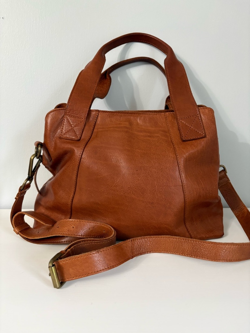 Vilenca Holland Genuine Leather Convertible Satchel Crossbody Bag Boho Cognac